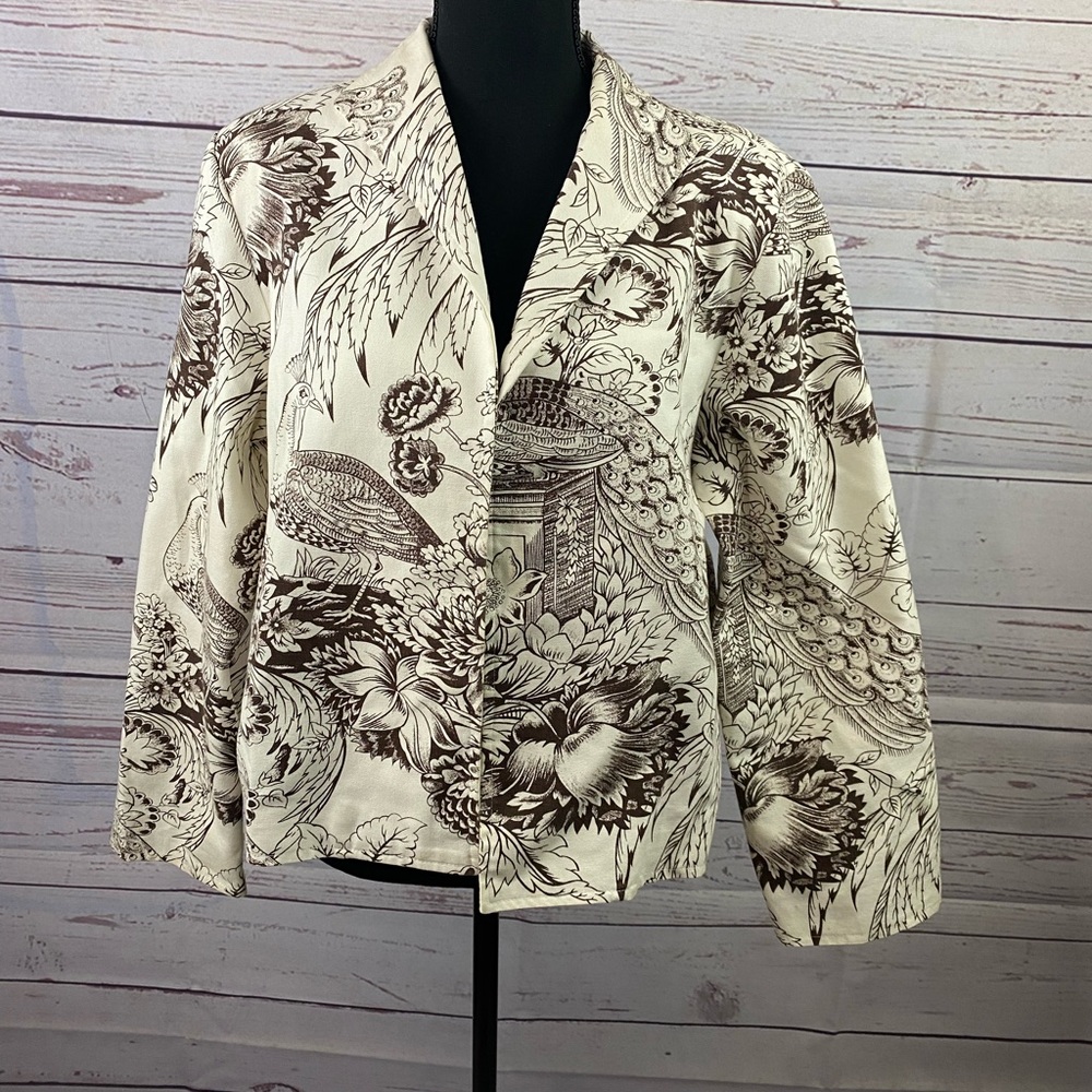 Painted Pony- White & Brown Floral/ Peacock Open Blazer- Size: M